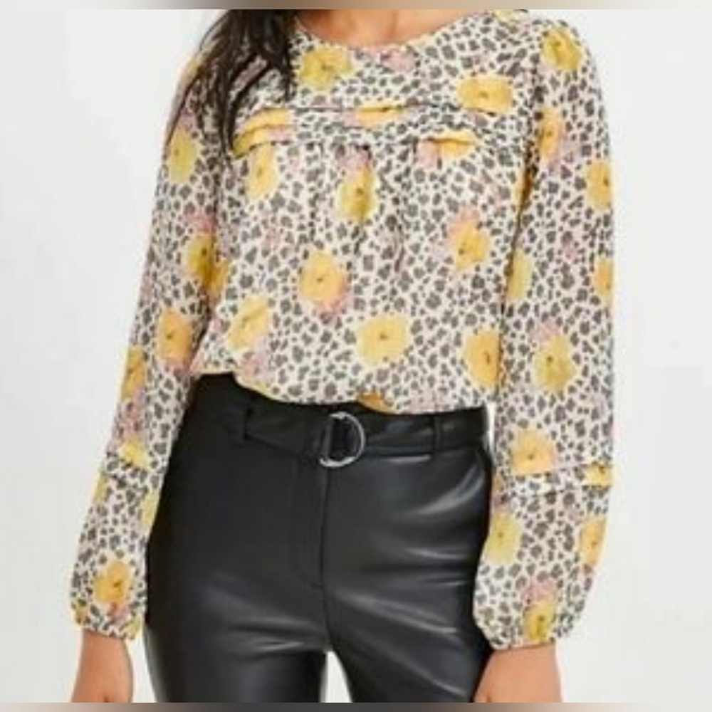 Loft Chiffon Lined Floral Cheetah Pintuck Flowy Metallic Blouse Women's sz L
